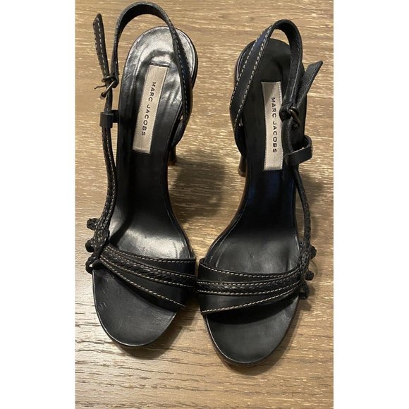 Marc Jacobs Open Toe Black Sling Back Leather White Top Stitch Heel Sz 39.5 VTG - Picture 3 of 8